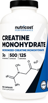 Nutricost frasco frontal mostrando 500 cápsulas y facilidad de uso