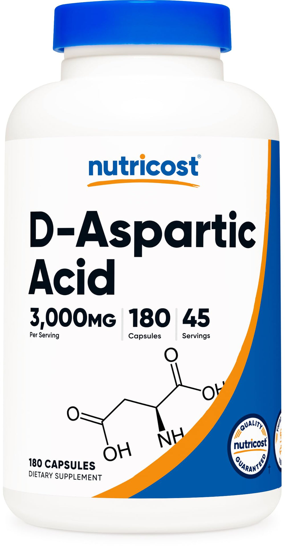 Nutricost botella frontal DAA mostrando 180 cápsulas y ventaja de concentración