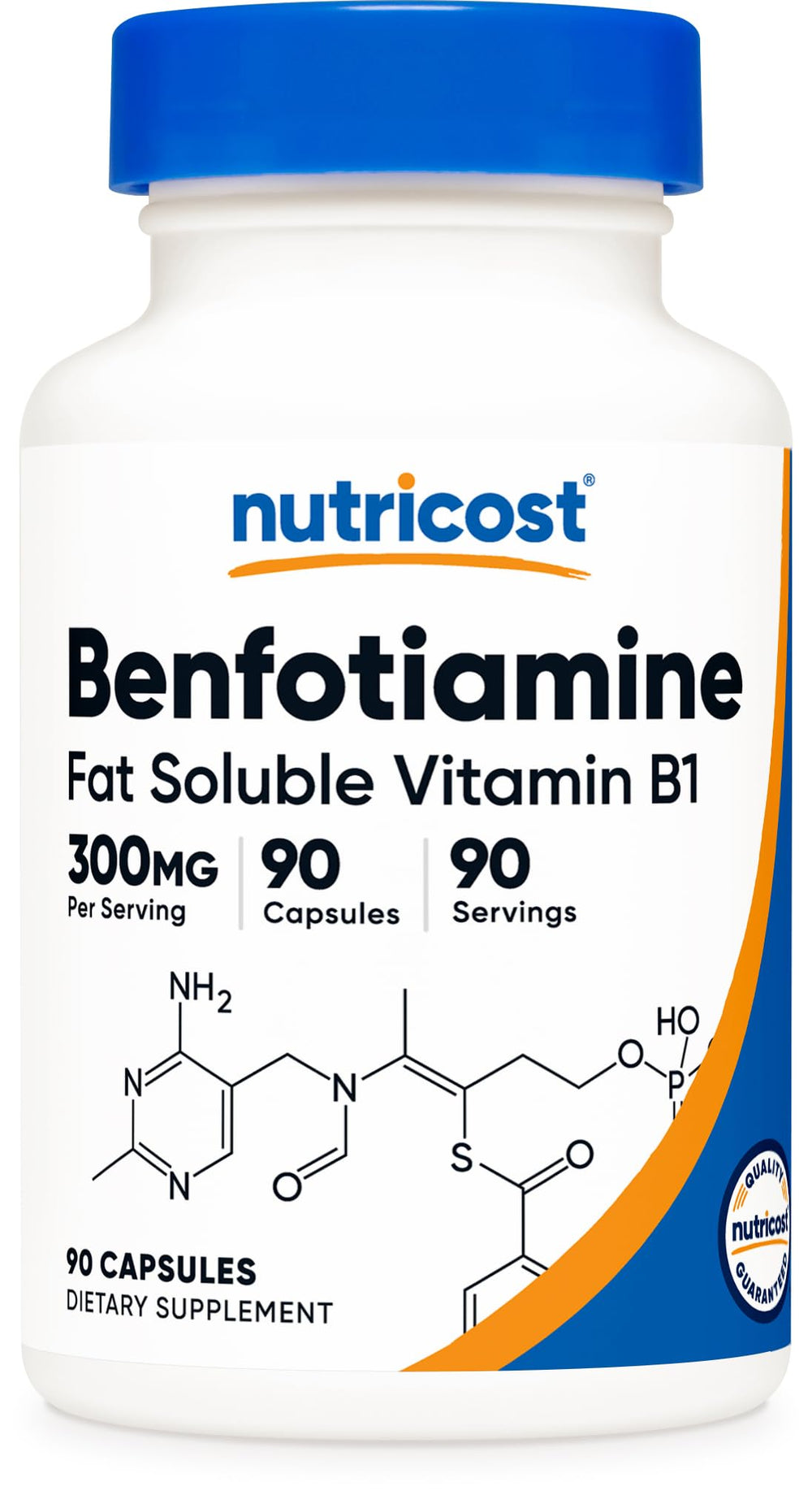 Nutricost envase frontal de benfotiamina 300 mg mostrando el bote y la marca, beneficio: claridad de información