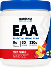 Nutricost envase frontal fruit punch mostrando 30 porciones y 8 g EAAs