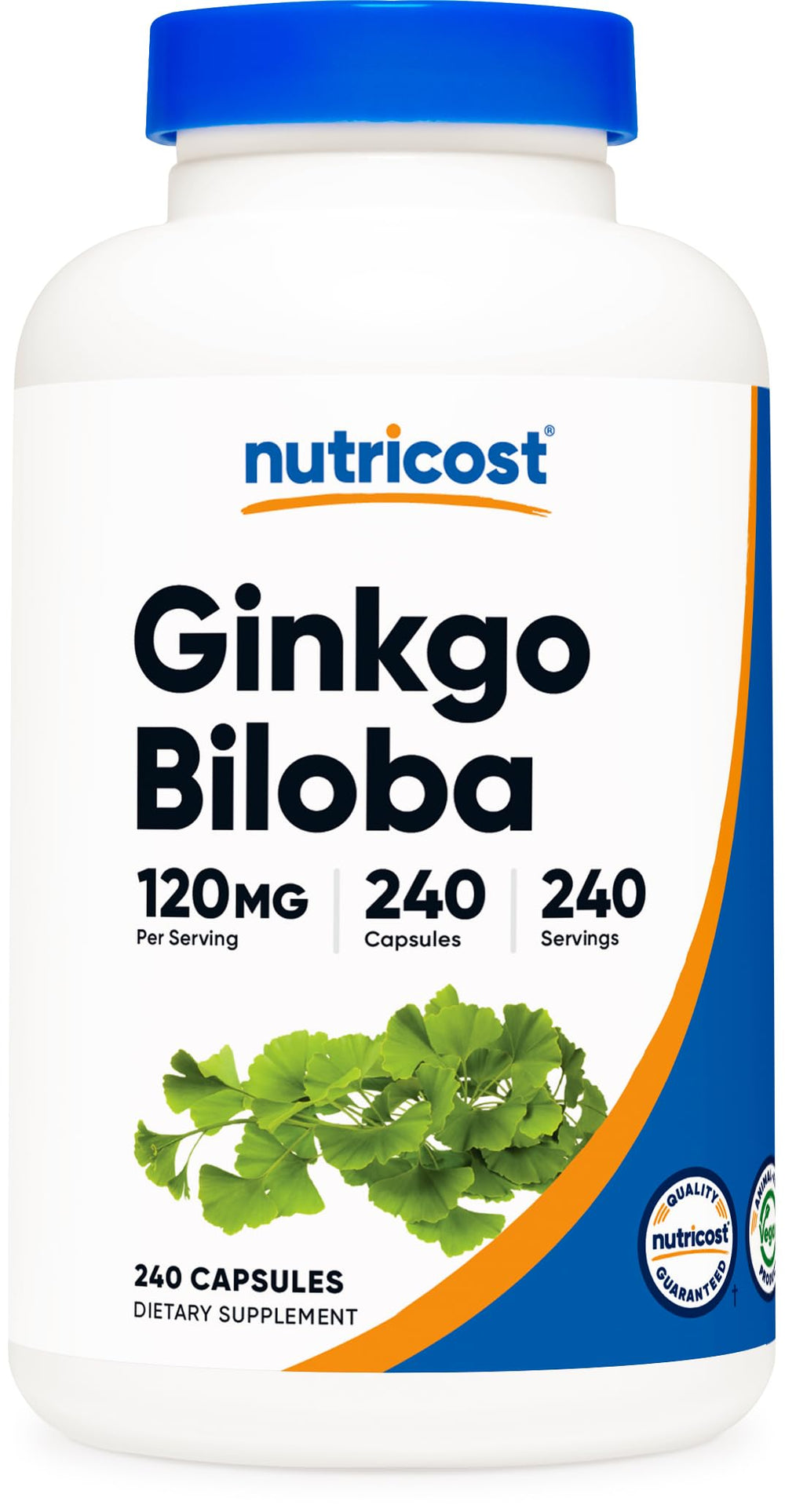 Nutricost frasco frente mostrando diseño y 240 cápsulas como suministro prolongado