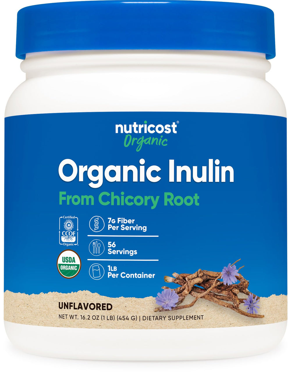 Nutricost inulina orgánica frente del envase muestra contenido y certificación