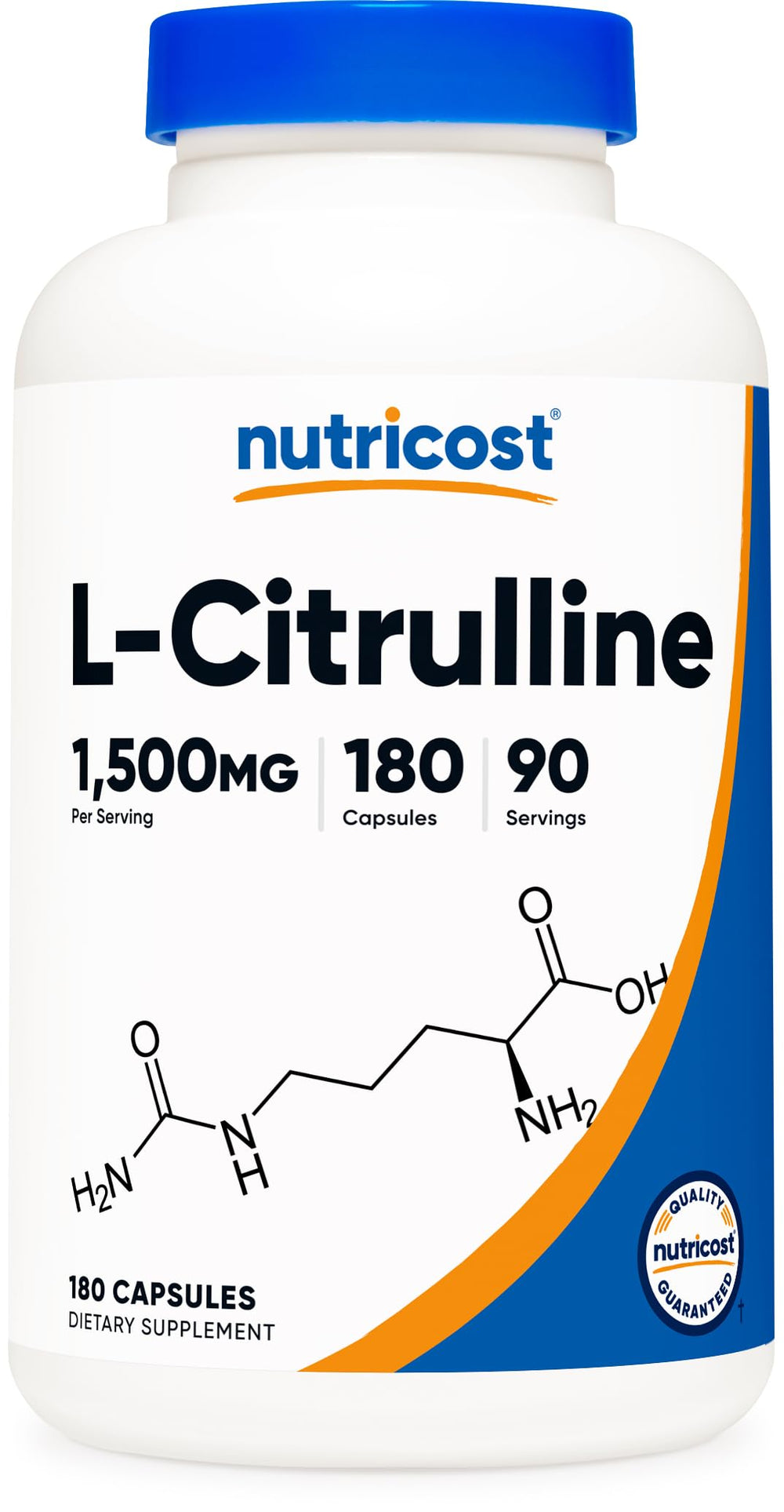 Nutricost frasco frontal mostrando L-Citrulline 1500 mg y beneficios de dosificación