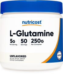 Nutricost envase frontal del polvo l-glutamine mostrando tamaño y diseño, confianza en la marca