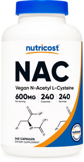 Nutricost front bottle view showing NAC 600 mg label and 240-count benefits