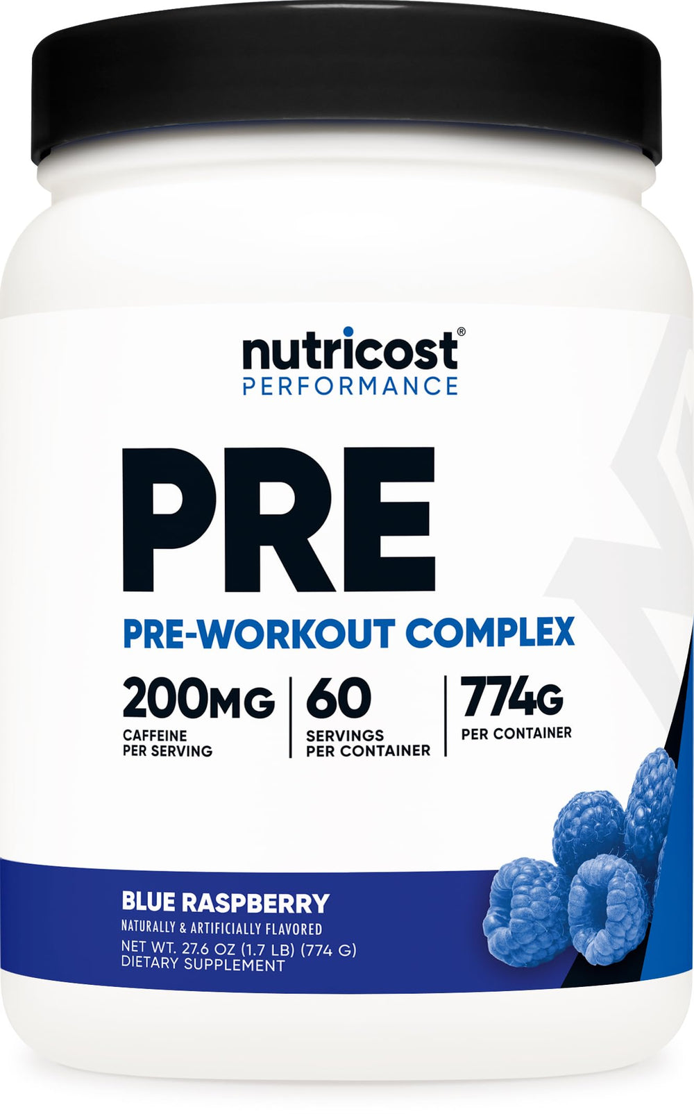 Nutricost envase frontal blue raspberry mostrando presentación y beneficios