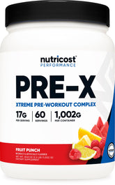 Nutricost Pre-X Xtreme frontal del envase mostrando etiqueta y beneficios