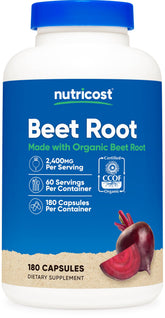 Nutricost envase frontal de Beet Root 2400mg mostrando cantidad y certificación orgánica