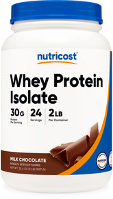 Nutricost envase frontal Whey Protein Isolate chocolate, presentación 2 lb y claridad de etiqueta