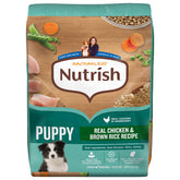 Nutrish bolsa frente mostrando receta puppy y beneficio nutricional