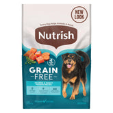 Nutrish bolsa frontal 23 lb mostrando salmón y boniato beneficios nutricionales