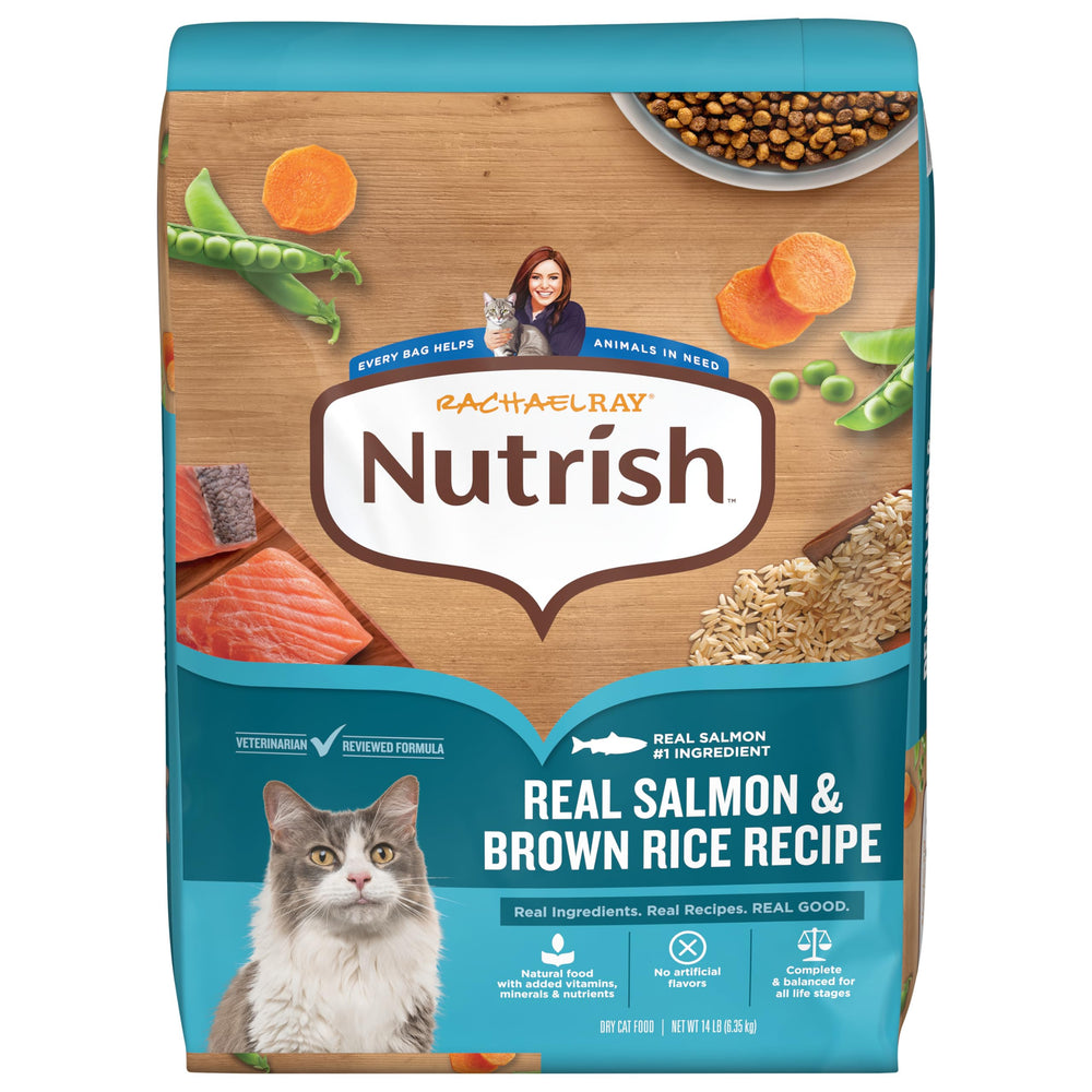 Nutrish bolsa frontal mostrando salmón y arroz para decisión rápida