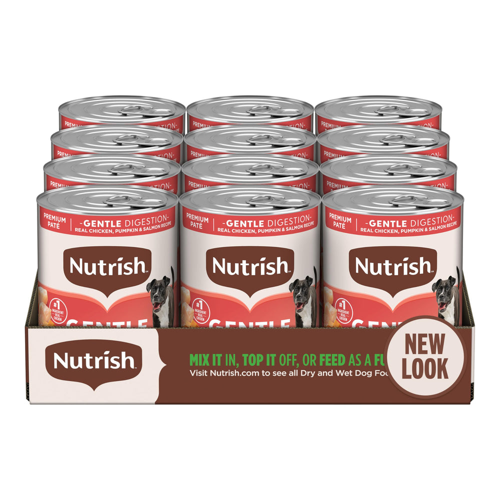 Nutrish lata frontal mostrando la marca y beneficio digestivo