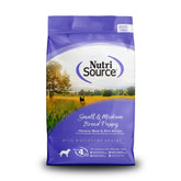 NutriSource frente del empaque 12 lb mostrando la fórmula para cachorros y beneficios