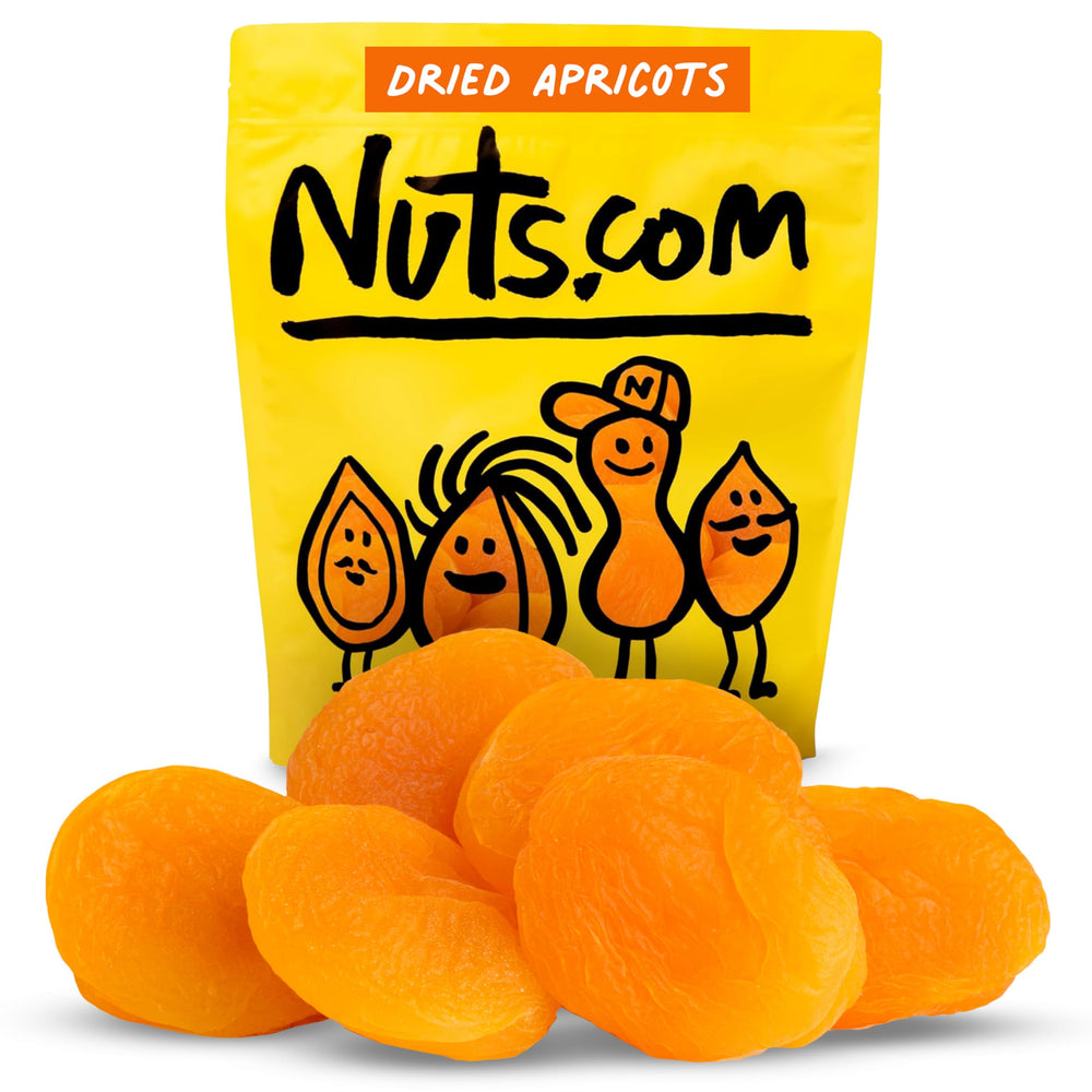 Nuts.com empaque frontal de albaricoques deshidratados beneficiando almacenamiento