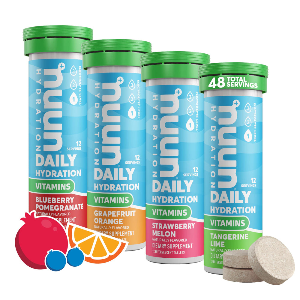 Nuun empaque frontal mostrando sabores mixtos y facilidad de transporte