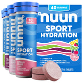 Nuun Sport frontal del pack mostrando los cuatro sabores y beneficio de variedad