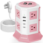 NVEESHOX torre frontal mostrando 8 enchufes y 4 puertos USB, orden y capacidad