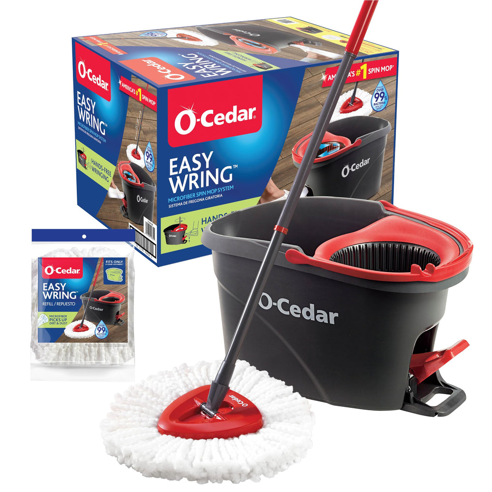 O-Cedar vista frontal del empaque que muestra el sistema completo y su practicidad