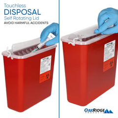 OAKRIDGE PRODUCTS mano depositando jeringa demostrando uso seguro