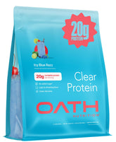 OATH NUTRITION envase frontal Icy Blue Razz mostrando diseño y porciones