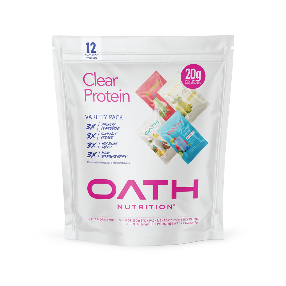 Oath Nutrition sobre frontal mostrando diseño y dosis, práctico para llevar