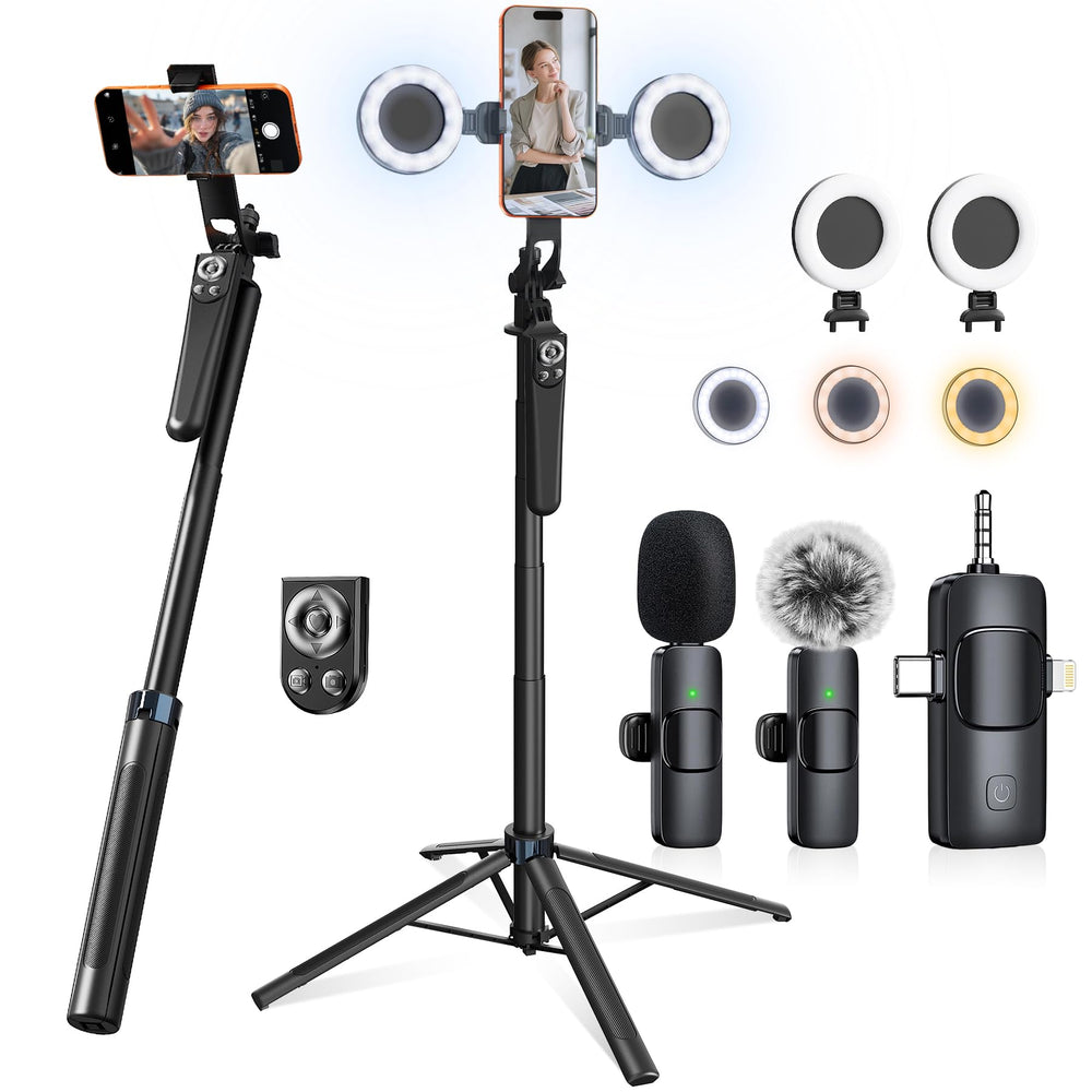 Ocwqp kit frontal mostrando trípode, micrófonos y luces para producción móvil