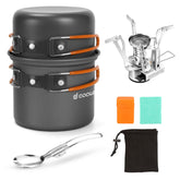 Odoland kit frontal mostrando las dos ollas, hornillo y accesorios, ideal para campamento