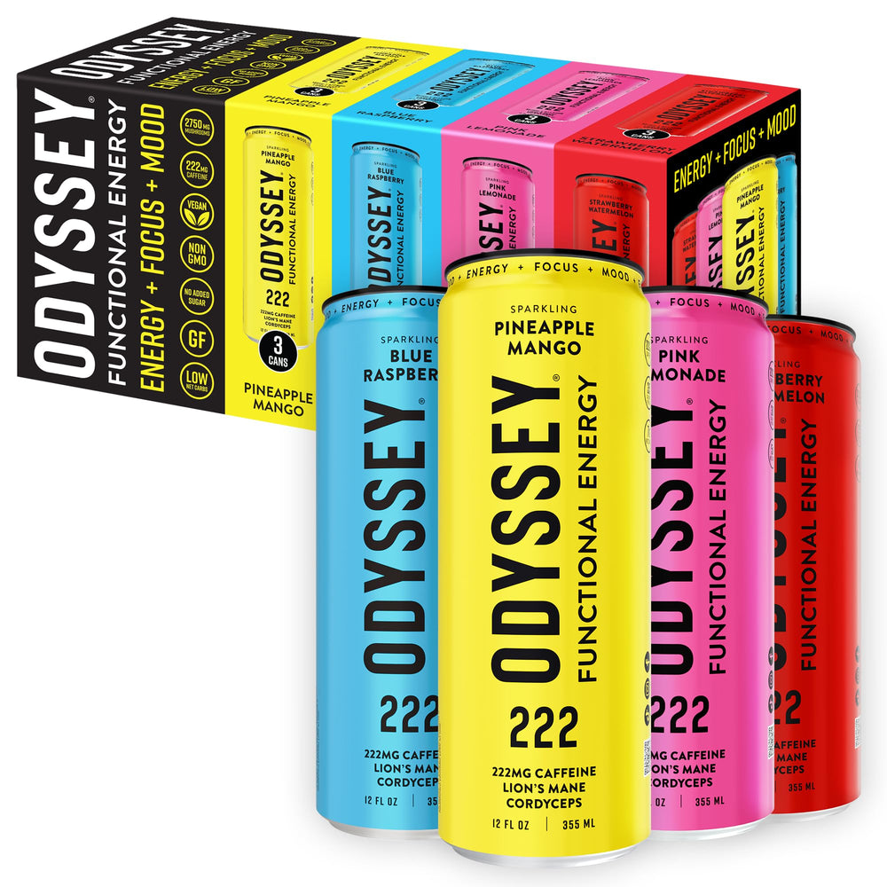 ODYSSEY ELIXIR lata frontal mostrando diseño y beneficio de energía clara