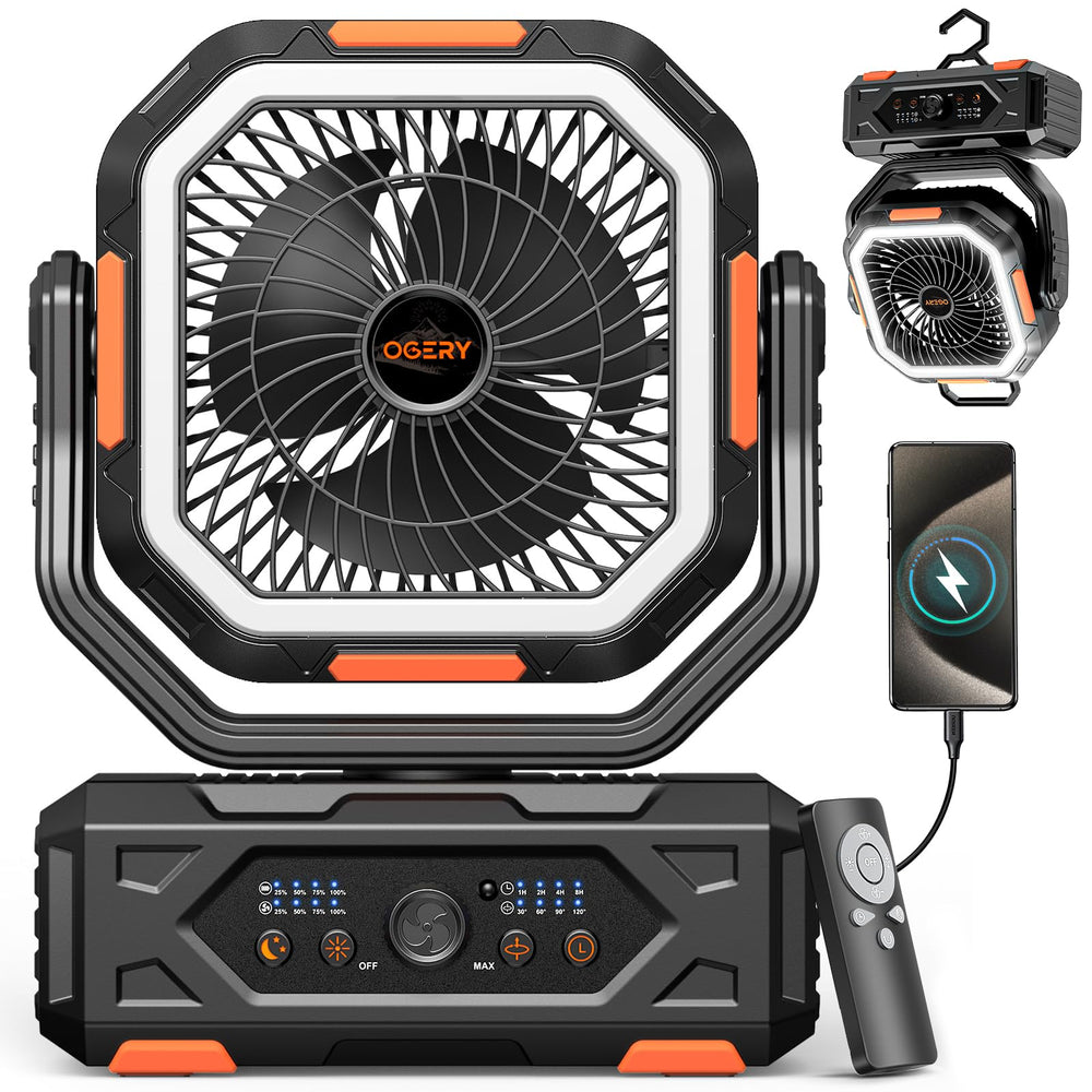 OGERY ventilador frontal mostrando diseño y controles, mejor flujo de aire