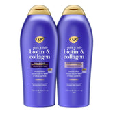 OGX bottles front packaging showing biotin and collagen set for fuller hair
