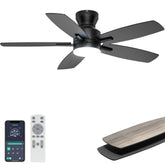 Ohniyou vista frontal del ventilador 42" negro mostrando diseño minimalista y ahorro