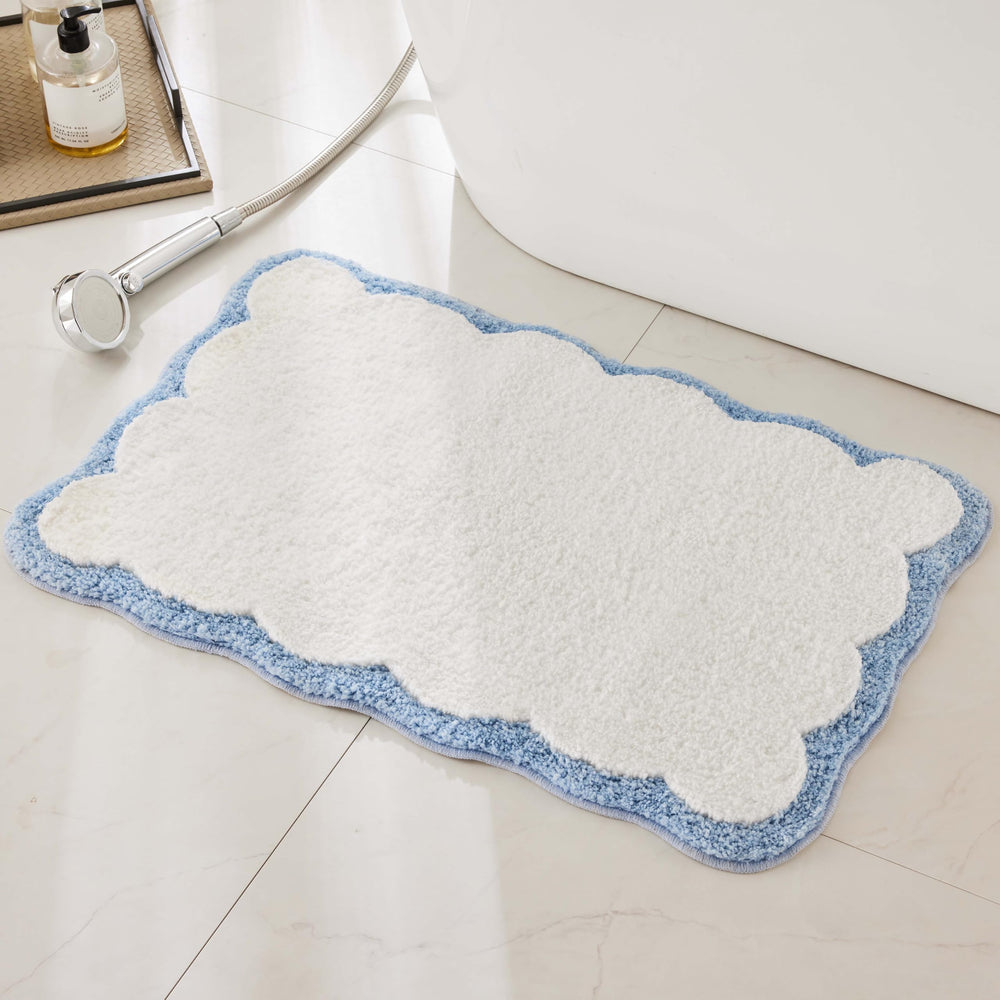 Ohocut alfombra frontal blanca con ribete azul que aporta elegancia y confort