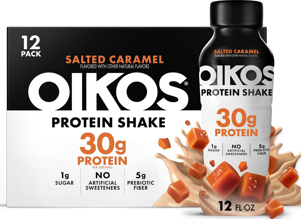 Oikos botella frontal de Salted Caramel mostrando formato y sabor práctico