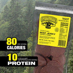 Detalle de tiras de jerky Old Trapper Teriyaki, textura y ahumado visibles, sabor intenso