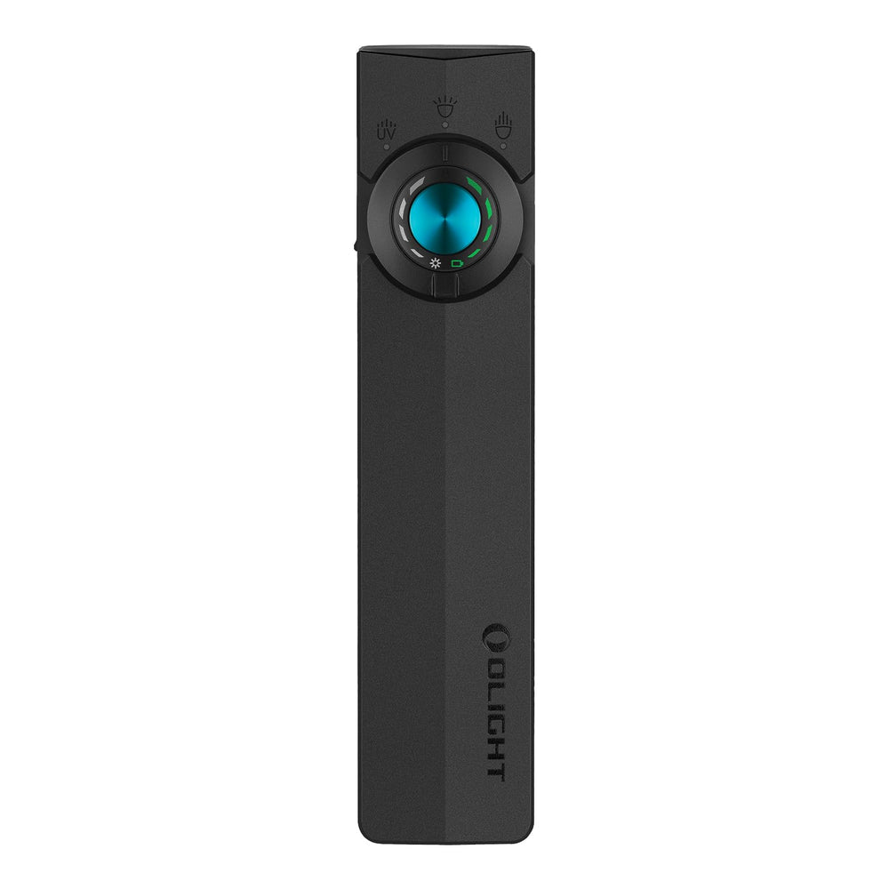 OLIGHT vista frontal de la ArkPro mostrando diseño plano y botones, ideal para llevar