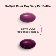 OLLY frasco abierto con softgels fáciles de tragar
