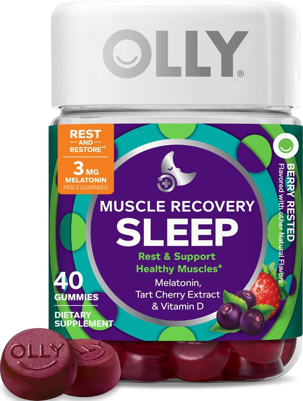 OLLY envase frontal Muscle Recovery Sleep mostrando el tamaño y el diseño