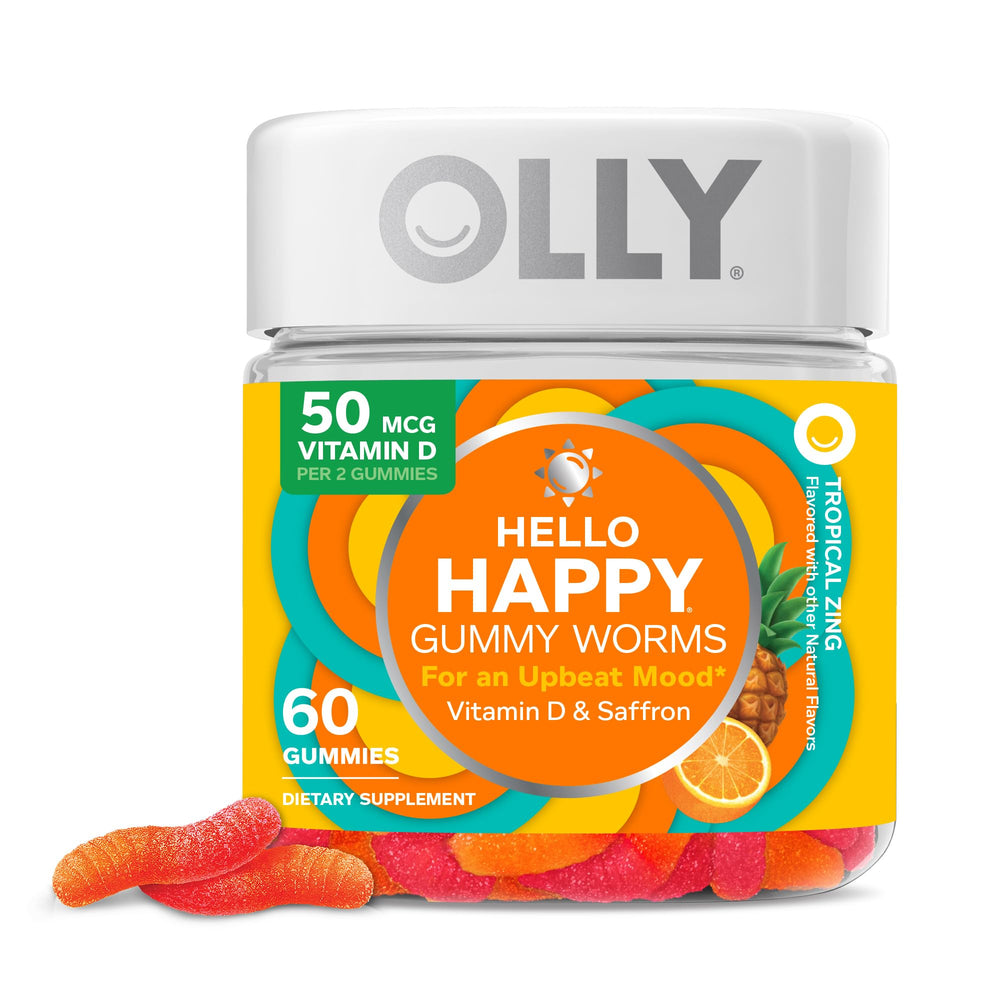 OLLY envase frontal con diseño Tropical Zing mostrando 60 gomitas