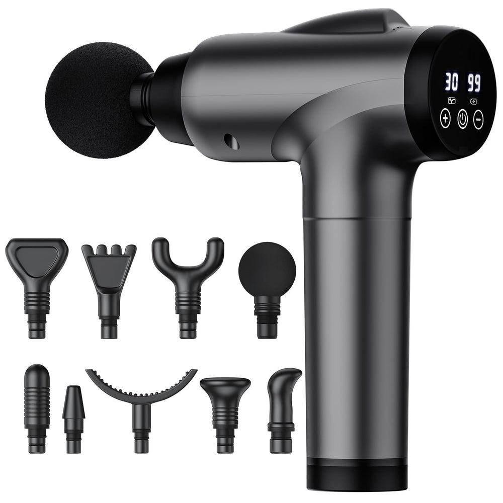 OLsky masajeador de mano frontal gris mostrando diseño ergonómico y agarre cómodo