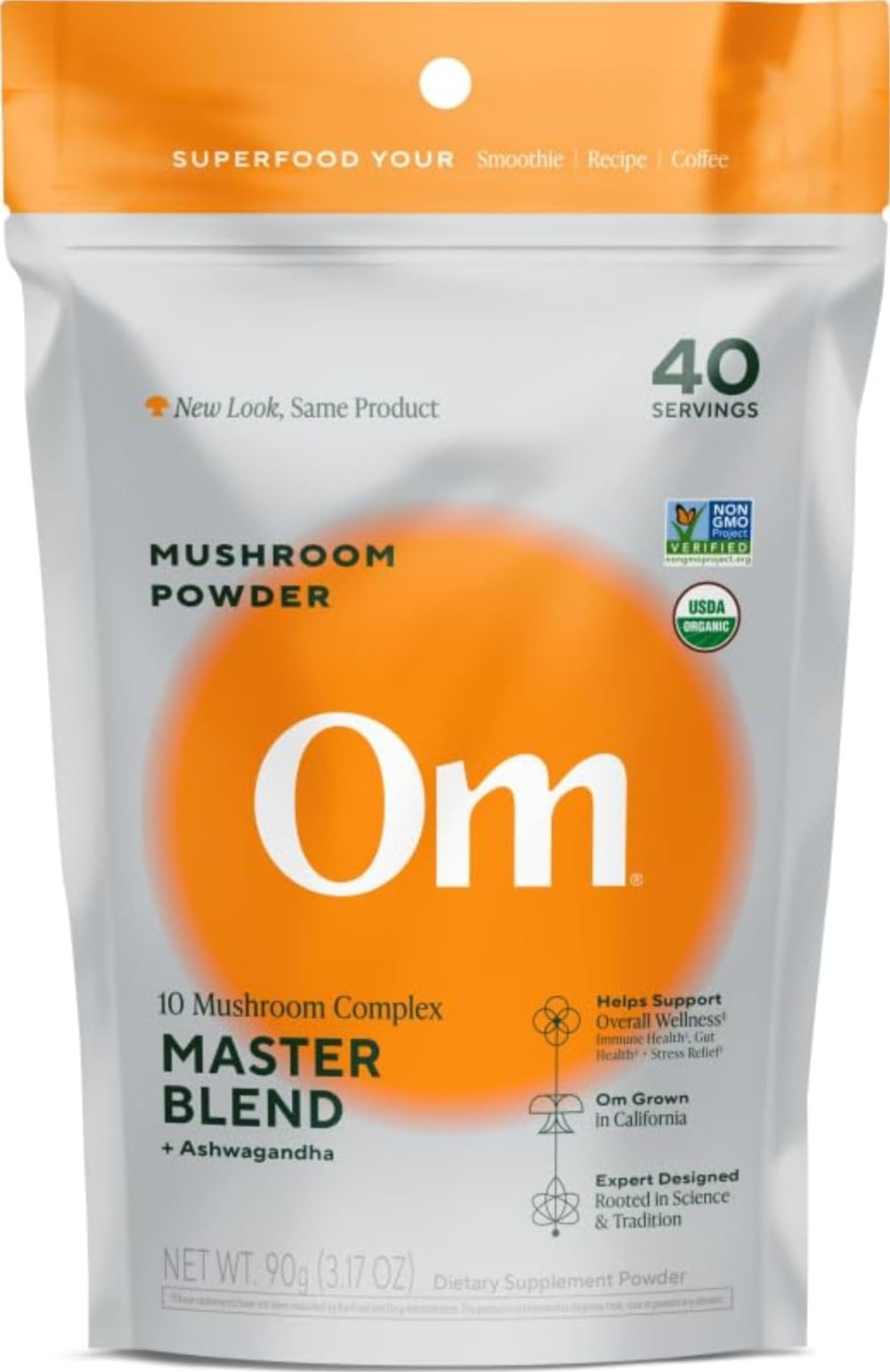 OM MUSHROOM SUPERFOOD frente del empaque que muestra porciones y beneficios