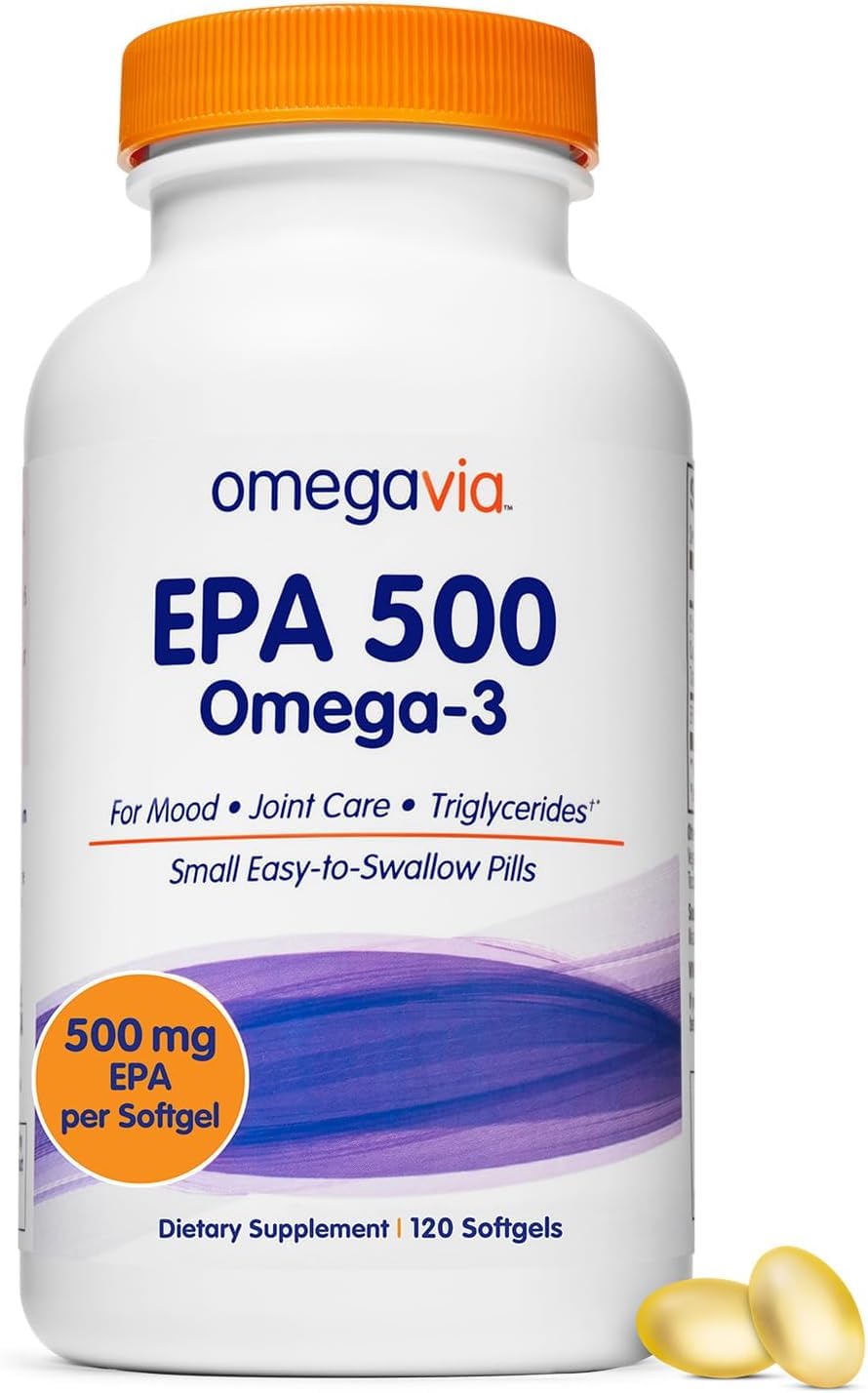 OmegaVia frasco frente mostrando diseño y cantidad 120 cápsulas, confianza de marca