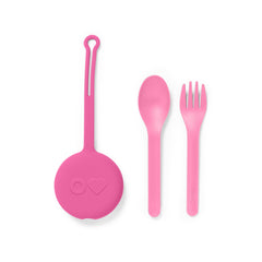 Omie set cubiertos Bubble Pink vista frontal mostrando tenedor y cuchara