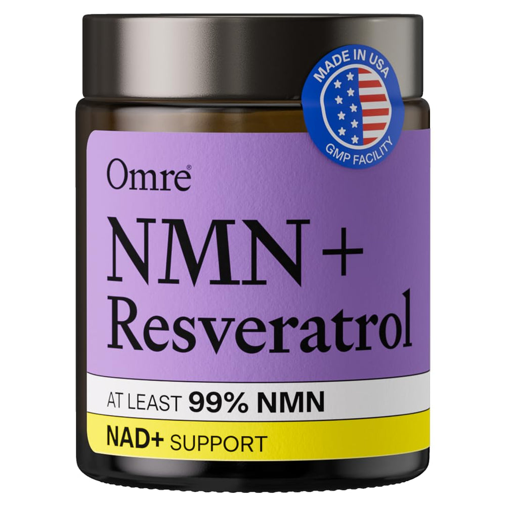 OMRE envase frontal mostrando NMN y resveratrol, calidad y pureza