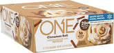 ONE empaque frontal de barras Cinnamon Roll mostrando 12 unidades y beneficios