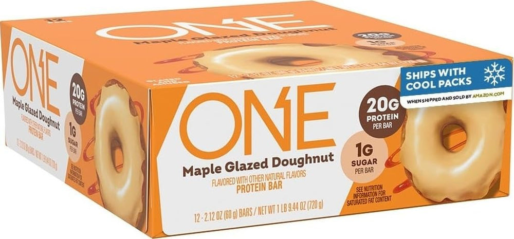 ONE empaque frontal mostrando barras y sabor maple, práctico para llevar