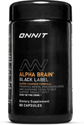 ONNIT frasco frontal Alpha BRAIN Black Label mostrando el envase y beneficio de enfoque