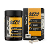 ONNIT Alpha Brain frasco frontal mostrando marca y beneficio enfoque