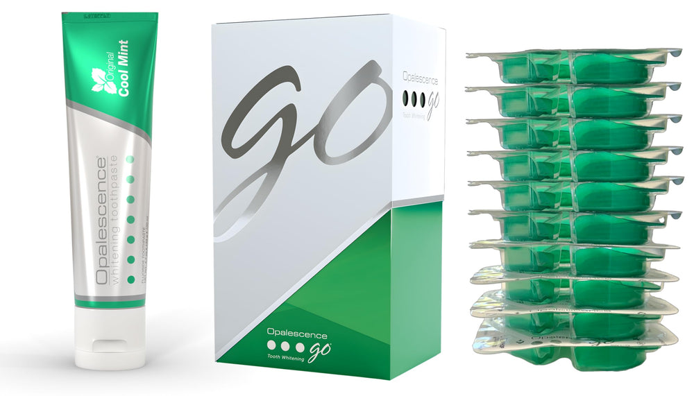 Opalescence bandejas embalaje frontal que muestra el kit y conveniencia