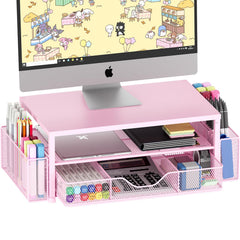 OPNICE front view of pink monitor stand showing clean storage and elevated screen benefit